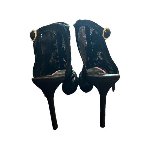 Karl Lagerfeld Paris Embellished Embroidered Black Mesh Sling Back Peep Toe Heel - Picture 5 of 8